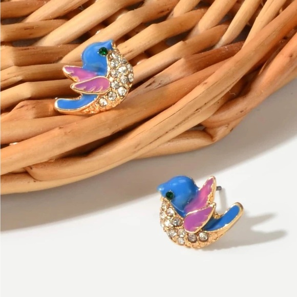 BLUE BIRD RHINESTONE MINIMALIST STUD EARRINGS - Picture 5 of 5